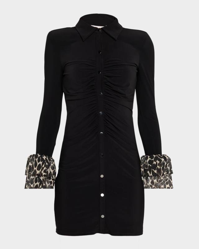 Foliage Printed Tiered Cuff Mini Shirtdress